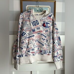 Champion Men’s Crewneck Hoodie in Cream with Red & Blue Logos